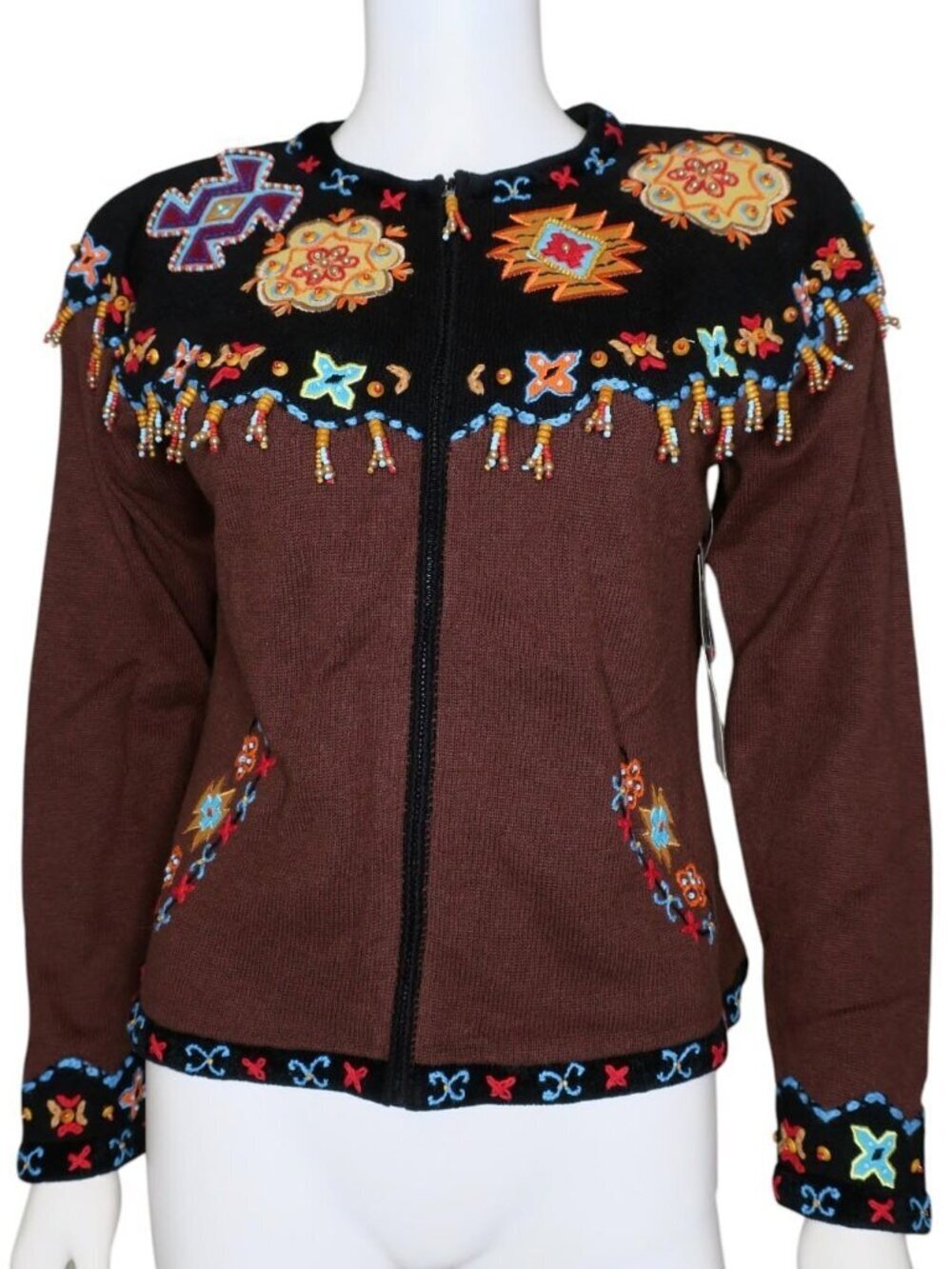 Berek Southwestern Beaded Art-to-Wear Knit Zip up Cardigan Sweater NWT Medium